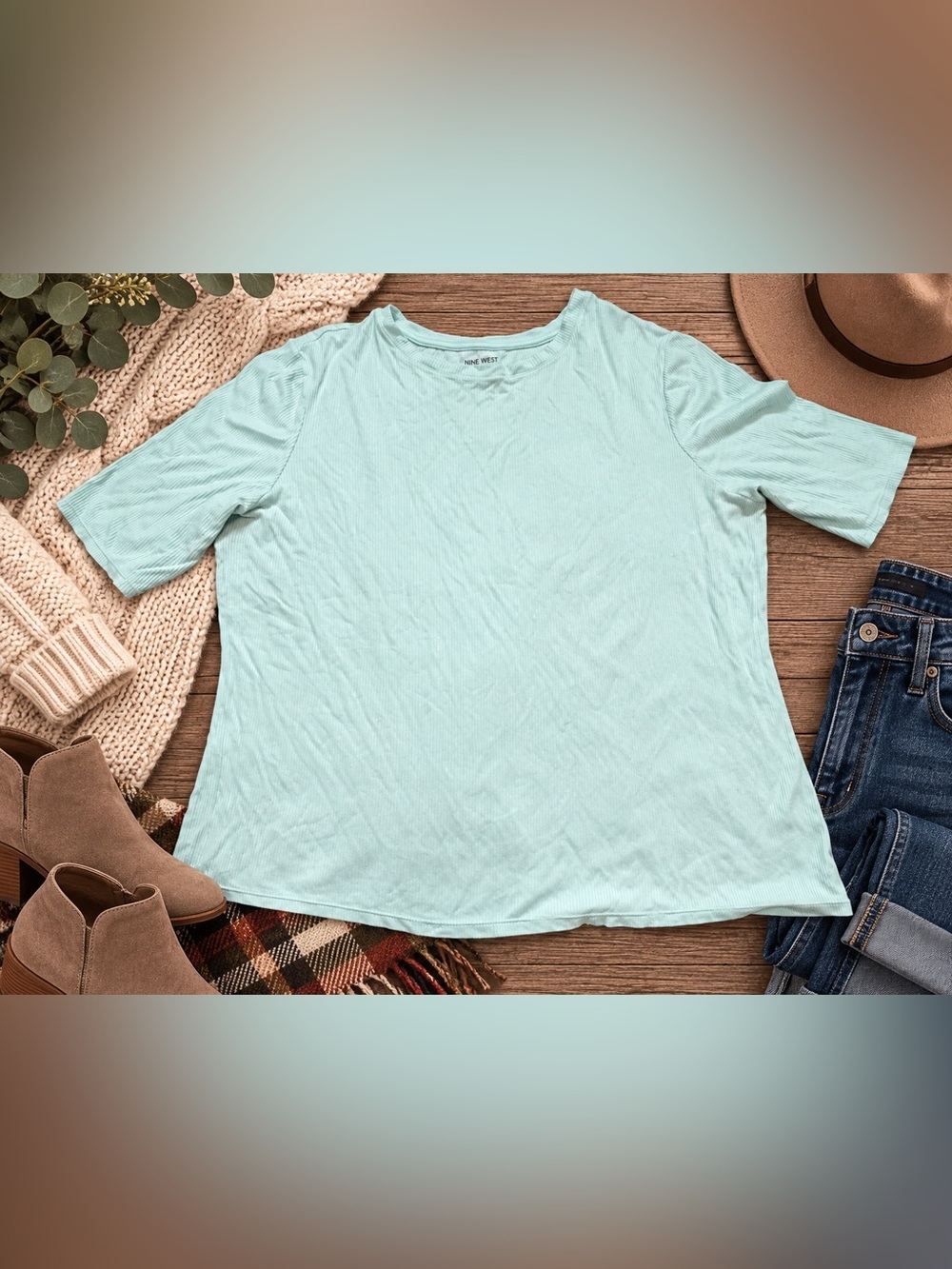 Nine West Essential Mint Green Ribbed Knit Tee Womenโs XXL 2X Relaxed Top